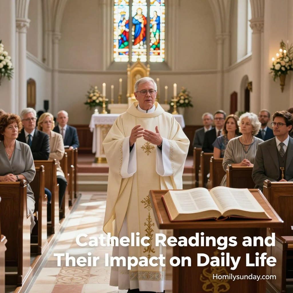 A serene, well-lit church interior during a peaceful Sunday morning, capturing the essence of Catholic readings. In the foreground, a wooden lectern holds an open Bible, with delicate sunlight pouring in through stained glass windows, casting colorful patterns on the floor. In the middle ground, a well-dressed priest stands attentively, gesturing expressively as he shares the readings, embodying wisdom and compassion. Surrounding him are a diverse group of parishioners in modest, smart casual attire, listening intently, their faces reflecting contemplation and inspiration. The background features an altar adorned with candles and floral arrangements, creating a warm, inviting atmosphere. The overall mood is one of reverence, connection, and spiritual enrichment, perfectly illustrating "Catholic Readings and Their Impact on Daily Life." Include the brand name "Homilysunday.com" subtly in the lower corner.