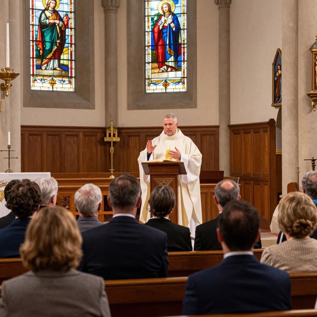 An elegant church interior during an ordinary time sermon, filled with warm, soft lighting filtering through stained glass windows. In the foreground, a diverse group of parishioners, dressed in professional business attire, attentively listening to a male priest at the pulpit. The middle section features the priest passionately conveying the wisdom of Solomon, with open scripture displayed elegantly on the lectern beside him. In the background, wooden pews and religious iconography create a serene atmosphere. The angle captures the scene from slightly below the eye level, focusing on the priest's expressive gestures, evoking a mood of reflection and inspiration. The setting reflects a deep reverence for the topics discussed in this homily, ideal for the theme of deep wisdom in the first reading. Homilysunday.com. An elegant church interior during an ordinary time sermon, filled with warm, soft lighting filtering through stained glass windows. In the foreground, a diverse group of parishioners, dressed in professional business attire, attentively listening to a male priest at the pulpit. The middle section features the priest passionately conveying the wisdom of Solomon, with open scripture displayed elegantly on the lectern beside him. In the background, wooden pews and religious iconography create a serene atmosphere. The angle captures the scene from slightly below the eye level, focusing on the priest's expressive gestures, evoking a mood of reflection and inspiration. The setting reflects a deep reverence for the topics discussed in this homily, ideal for the theme of deep wisdom in the first reading. Homilysunday.com.