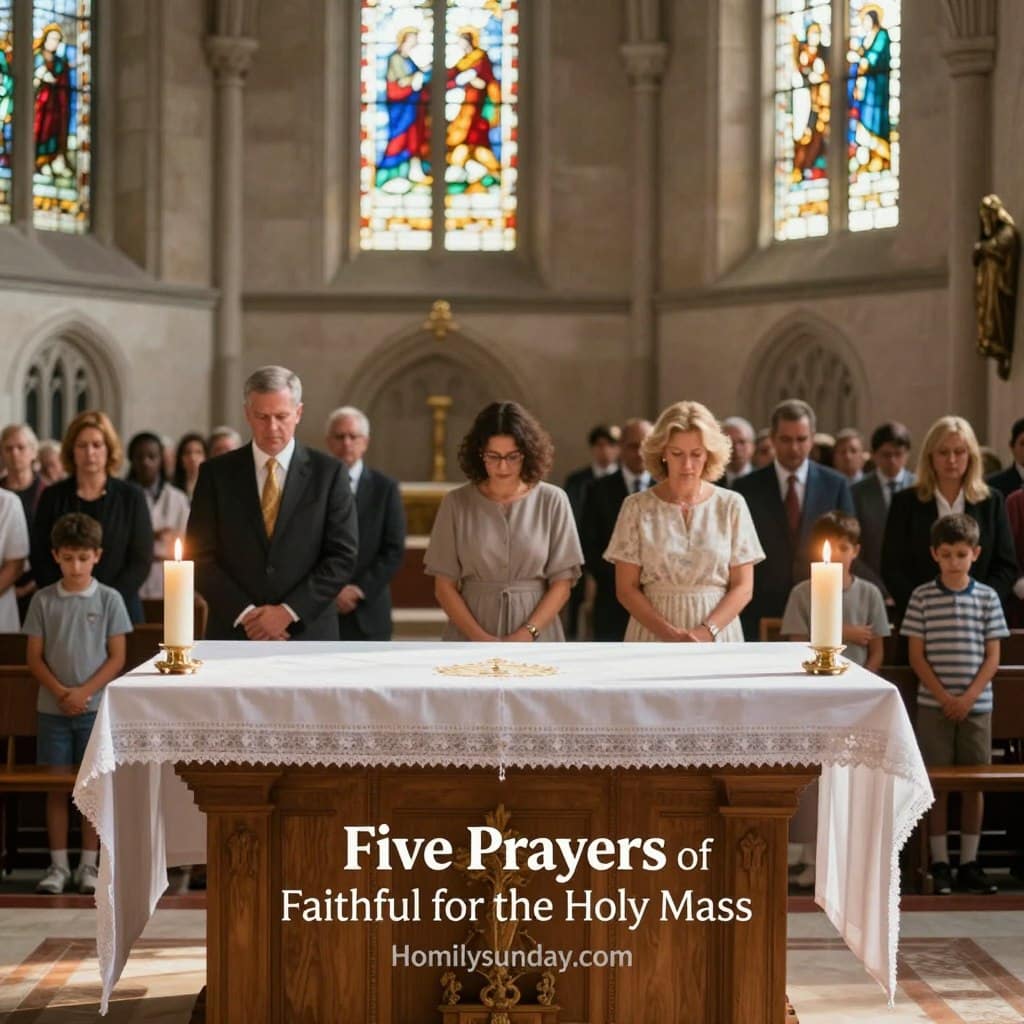 An inviting church interior during a Sunday Mass, capturing a serene atmosphere. In the foreground, a polished wooden altar adorned with a white linen cloth is central, with a lit altar candle on either side. The middle ground features diverse congregants, including a middle-aged man in formal attire, a woman in a modest dress, and children in casual, respectful clothing, all in prayerful poses. The background shows stained-glass windows filtered with soft sunlight, casting colorful patterns on the stone walls. Warm, natural lighting enhances the peaceful ambiance, while a gentle lens blur adds depth. Evoke a sense of spirituality and reflection, symbolizing the "Five Prayers of the Faithful for the Holy Mass." Include the brand name "Homilysunday.com" subtly integrated into the overall composition.