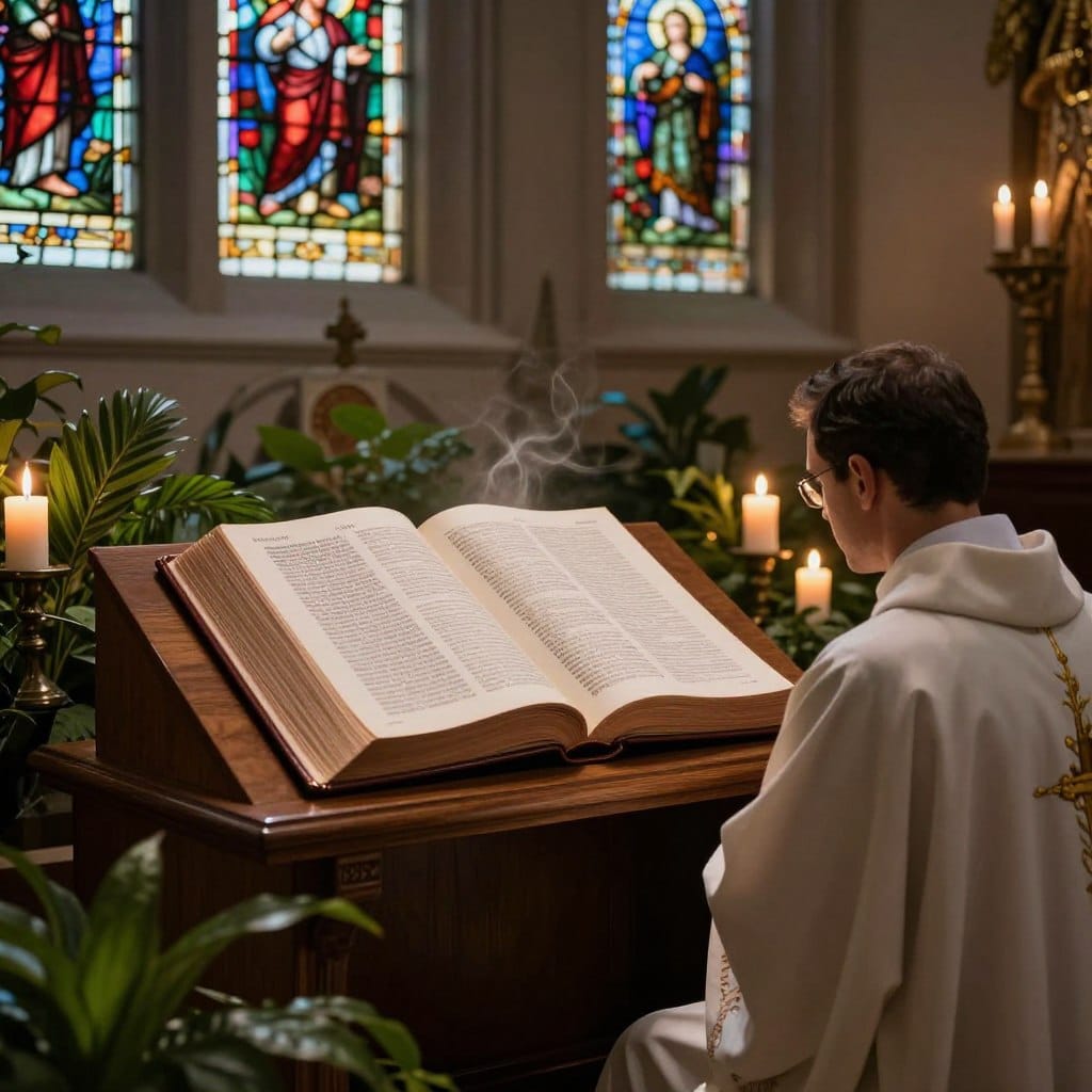An open, illuminated Bible lies on a wooden altar, its pages gently fluttering in a breeze, showcasing verses from Isaiah 55:10-11. In the foreground, a priest in modest, professional attire kneels in prayer, deep in contemplation. Surrounding the altar are lush green plants, symbolizing growth and nourishment. The middle ground features candles casting a warm, soft glow, enhancing the spiritual atmosphere. In the background, stained glass windows depict scenes of divine inspiration, filtering light into vibrant colors that dance on the walls. The composition is framed with a serene ambiance, evoking a sense of reverence and reflection. The image conveys a heartfelt connection to faith, perfect for illustrating the theme of deep spiritual insights. Homilysunday.com.